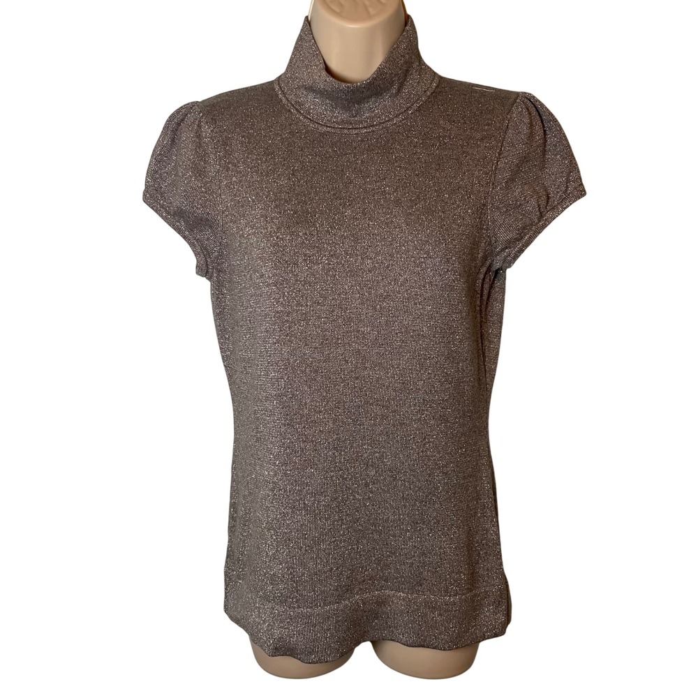 Saks Fifth Avenue‎ Women's Mock Neck Short Sleeve Top Size L Silver Metallic